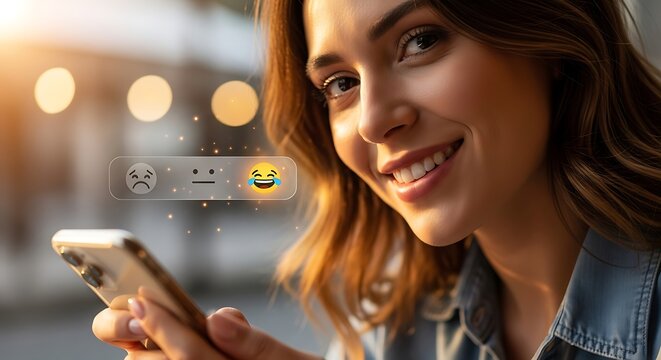 Happy young woman uses smartphone app with feedback emotion icons displayed - Powered by Adobe