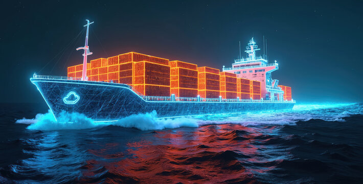 Cyberpunk cargo ship sails ocean waves at night. Futuristic container transport glows with neon wireframe and digital overlays. Advanced logistics and global shipping concept visualized. - Powered by Adobe