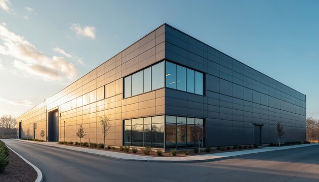 Modern industrial enterprise building facade under clear sky. Large structure with dark gray panels and large windows reflects golden sunset light. Empty exterior. - Powered by Adobe