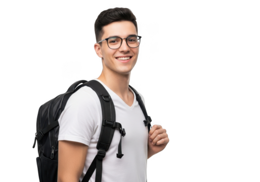 Young male student wearing glasses and a white t shirt carrying a black backpack isolated on transparent background