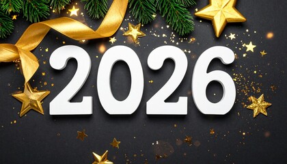 2026 New Year celebration with white numbers, gold stars, and pine branches on dark background