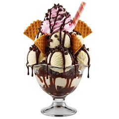 Extravagant Vanilla Ice Cream Sundae with Rich Chocolate Syrup, Pink Whipped Cream, Chocolate Chips, and Waffle Cookies in a Glass Dish