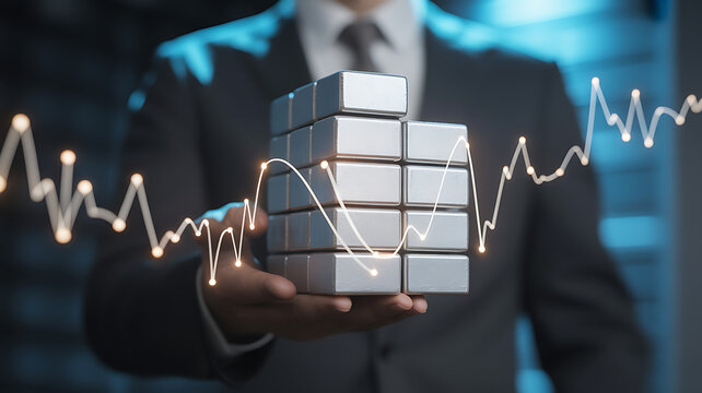 A businessman holding a cube with a stock market graph overlay, symbolizing strategic investment, financial analysis, and datadriven decisionmaking