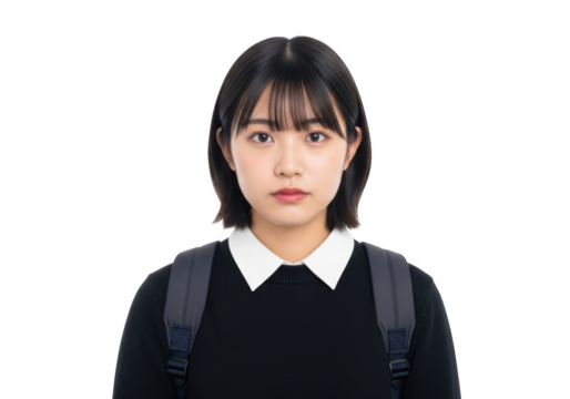 Young japanese woman with short dark hair and backpack wearing a white collared shirt and black sweater isolated on transparent background