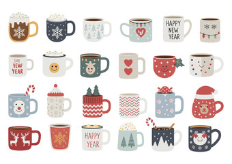 Hot Drinks Vector Collection – Flat Design Mugs with Hot Chocolate, Coffee, and Cocoa with Marshmallows for Cozy Autumn and Winter Holiday Illustrations