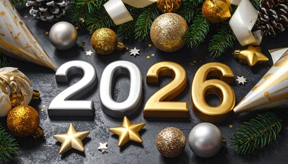 2026 New Year celebration with silver and gold numbers and festive decorations