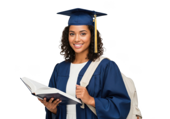 Smiling young woman wearing a graduation cap and gown holding an open book with a backpack isolated on transparent background