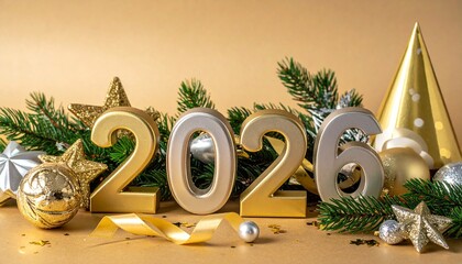 2026 New Year celebration with gold and silver decorations on yellow background