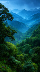 Misty mountain range covered in lush green forest creating a scenic landscape, nature background