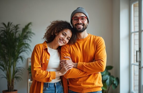Happy young diverse couple smiling, embracing indoors. Man with beard, beanie, glasses, woman with curly hair lean on. Wear vibrant orange clothes. Friends partners share joyful moment standing in