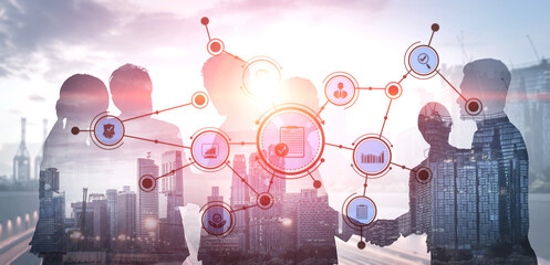 Team of professionals engages in collaboration with a digital network overlay symbolizing connectivity and partnership in a modern business environment. Tessel