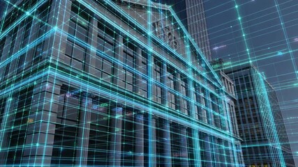 Futuristic smart city concept with a digital network grid overlaying classical architecture. - Powered by Adobe