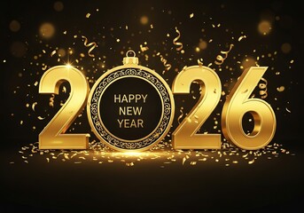 Happy new year 2026 festive golden numbers and confetti