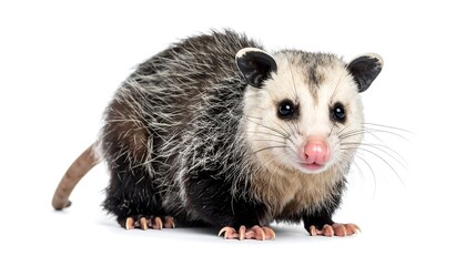 Obraz premium A curious, gray and white opossum looking at the camera