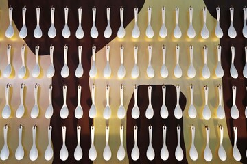 Plastic spoons hanging on wall pattern background