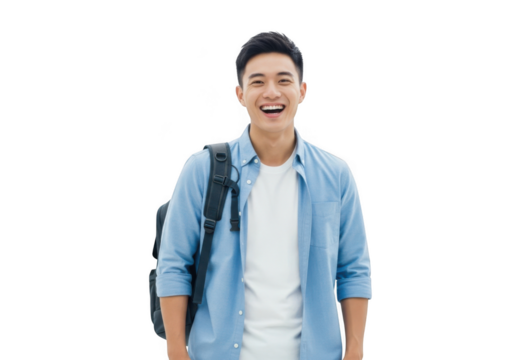 A young asian man with a bright smile and backpack stands confidently ready for adventure isolated on transparent background