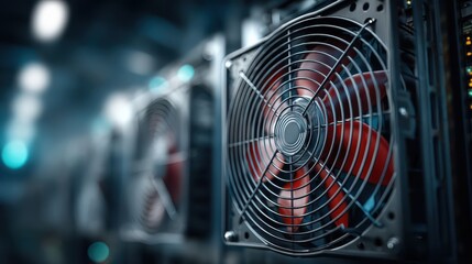 A close-up view of industrial cooling fans with red blades, highlighting their intricate design and functionality in a technological environment.