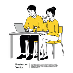 Young couple at desk with laptop, woman gesturing OK, office co-working space illustration