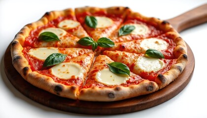 Margherita pizza on wooden serving board. Classic pizza features fresh basil mozzarella, rich tomato sauce. Simple yet delicious Italian dish. Great for food blogs menu design restaurant promotions.