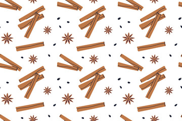Vector illustration pattern with cinnamon sticks and star anise. Flat cartoon seamless design with aromatic spices, herbs, seasonings, warm flavor and winter cooking theme for spice collection