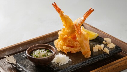 Shrimp Tempura, crispy golden-battered shrimp served with dipping sauce, light and delicate Japanese cuisine visuals