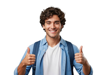 Young man with curly hair wearing a blue shirt and white t shirt with a backpack giving two thumbs up isolated on transparent background