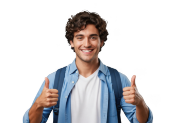 Young man with curly hair wearing a blue shirt and white t shirt with a backpack giving two thumbs up isolated on transparent background