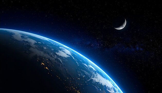 Earth and crescent moon in a starry galaxy background - Powered by Adobe