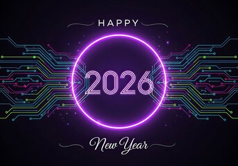 Happy new year 2026 technology glowing circuit design