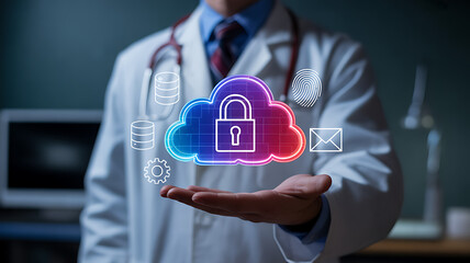 Doctor holding a digital cloud with a padlock, representing cloud security for medical data, with icons for settings, fingerprint, and email