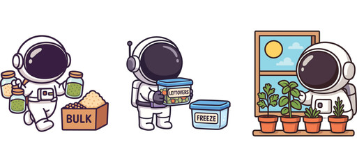 cute astronaut choosing bulk goods and carrying containers