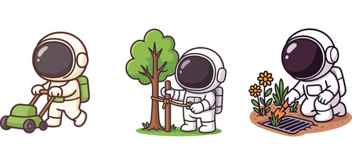 cute astronaut planting and watering trees and seedlings