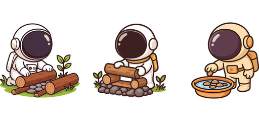 cute astronaut harvesting vegetables and preparing food