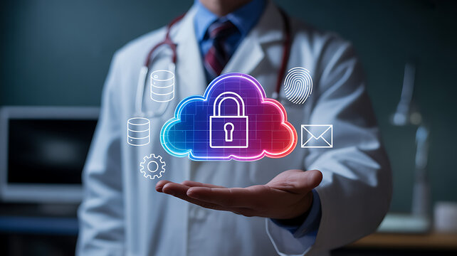 Doctor holding a digital cloud with a padlock, representing cloud security for medical data, with icons for settings, fingerprint, and email