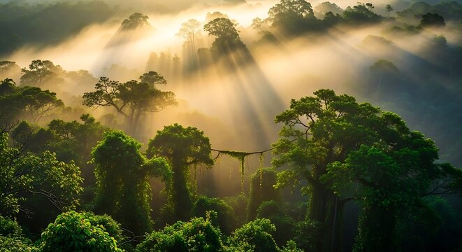 Sun rays shining through the mist in a lush green rainforest canopy