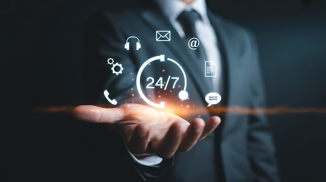 A businessman in a suit holding a 247 customer service icon, representing always available support, communication channels, and assistance