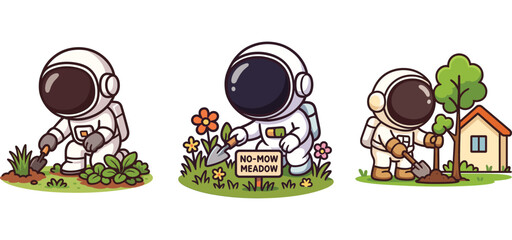 cute astronaut caring for flowers and relaxing near home garden