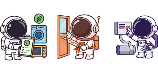 cute astronaut checking mailbox and organizing room items