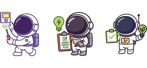 cute astronaut presenting ideas, checking tasks, and holding checklist