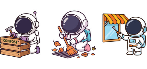 cute astronaut woodworking and repairing house exterior