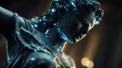 A detailed sculpture of a blindfolded figure, radiating a mystical glow, conveying themes of justice and enlightenment.