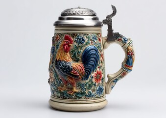 Ceramic beer stein with rooster and floral relief pottery