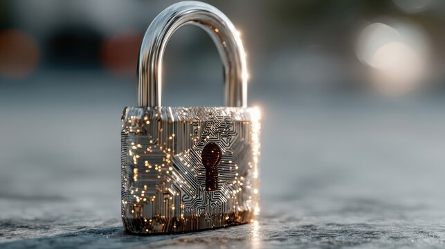 A metallic padlock with a circuit design, symbolizing security and technology, shines against a blurred background.