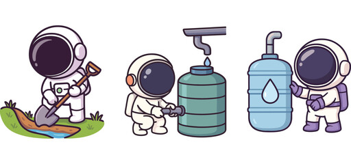 cute astronaut adjusting sprinkler and organizing water tools