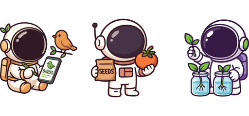 cute astronaut holding organic produce and watering seedlings
