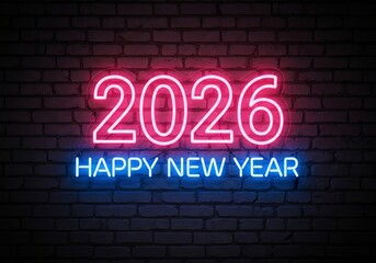 Happy new year 2026 neon sign on brick wall texture