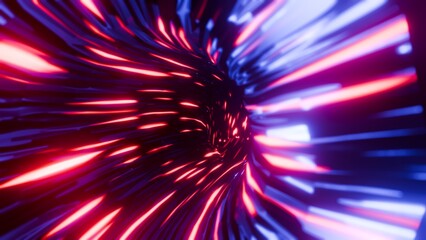 Hyper Speed Light Trails in Space. Abstract Futuristic Background of Blue and Red Optical Fiber Data Explosion and Energy Burst.