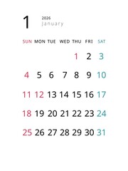 Simple January 2026 Calendar, Vertical