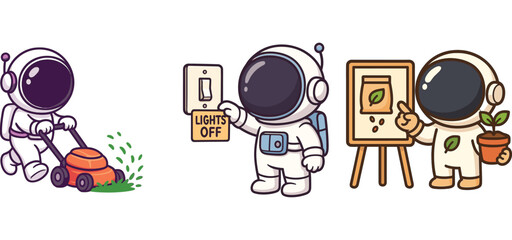 cute astronaut watering plants and painting eco sign