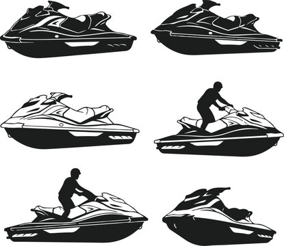 Set of Six Jet Ski and PWC Silhouettes Vector